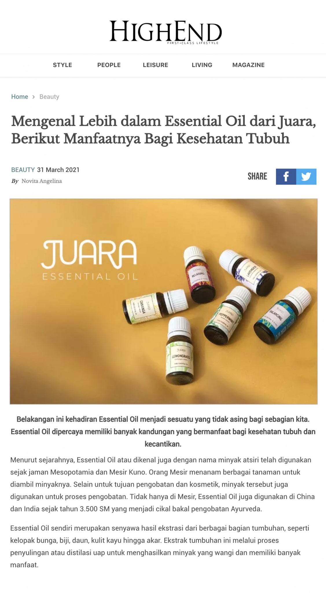 Mengenal Lebih Dalam Essential Oil dari JUARA, Berikut Manfaatnya Bagi Kesehatan Tubuh